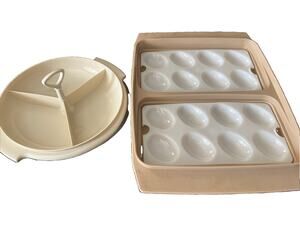 Vtg Tupperware Almond Serving Set Deviled Egg Carrier 723 Suzette Relish 608